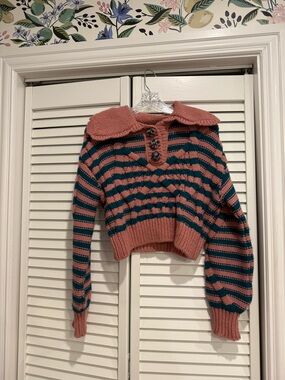 Zara striped Collared Cropped Sweater in Dusty Rose and Teal
